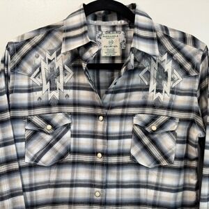 Panhandle Rough Stock Western Shirt Aztec Embroidery Plaid Long Sleeve‎ XS